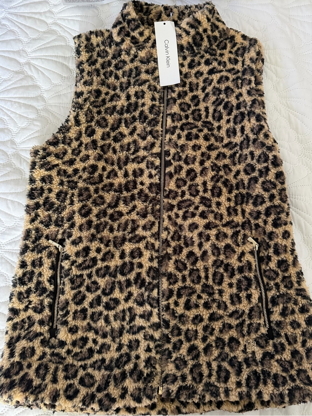 Calvin Klein Leopard Faux-Fur Zip Vest in Tan and Black